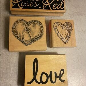 Hearts Valentine Day Love Wooden Rubber Ink Stamp Craft Used & Unused Set/4